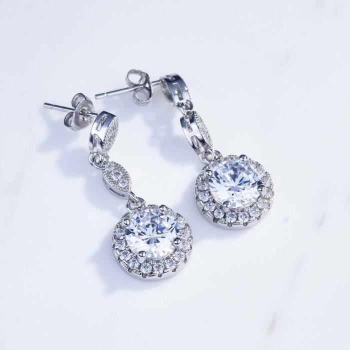 Earring - Women's - Silver - Cubic Zirconia - Round Shape - Brass