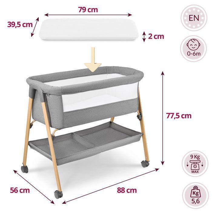 Cuna colecho independiente con colchón - MobySystem - Cuna de 0 a 6 meses, cama de viaje plegable, malla transpirable, ruedas con freno