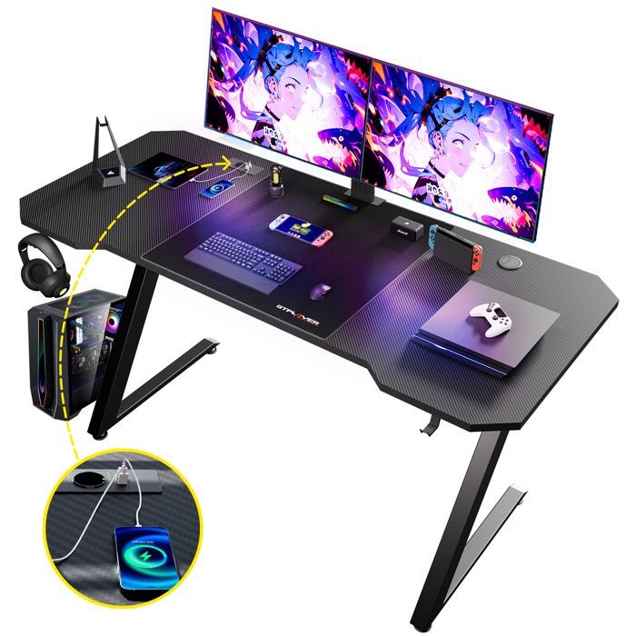 Scrivania da gaming 120 x 60 cm, scrivania per gamer con presa di corrente, gancio per cuffie, nera