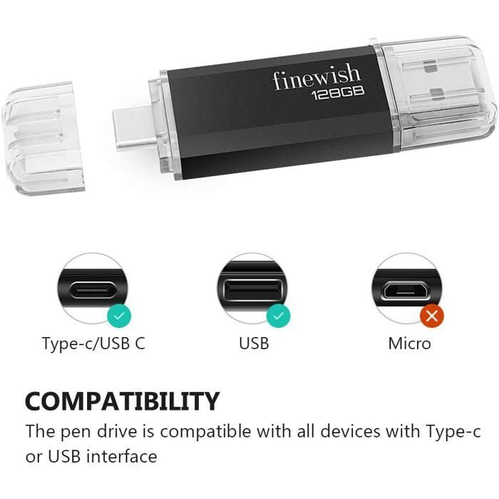 USB Flash Drive 128 GB, 2 in 1 USB C Pendrive 128 GB Portable USB Key 128 GB Type C Memory Stick 128 GB for Huawei Xiaomi Oneplus OTG (Black)