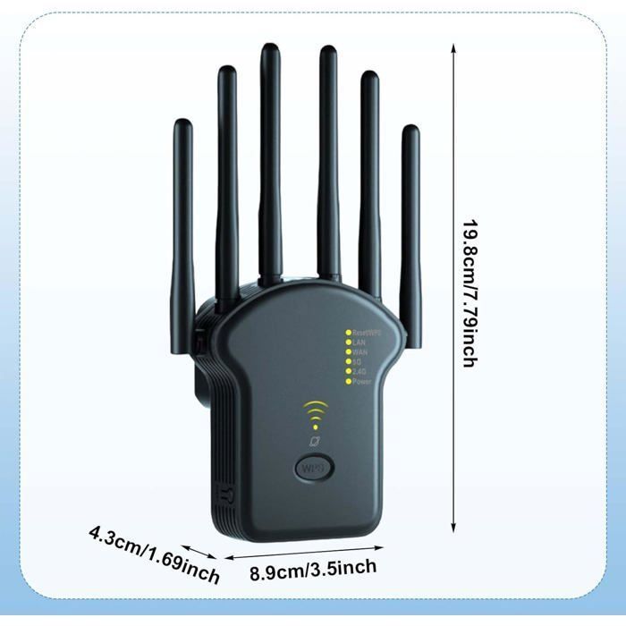 WLAN-Repeater, 1200 Mbit/s WLAN-Verstärker, Dualband 2,4 GHz + 5 GHz, 6 Antennen, mit LAN/WAN-Anschluss (Schwarz)