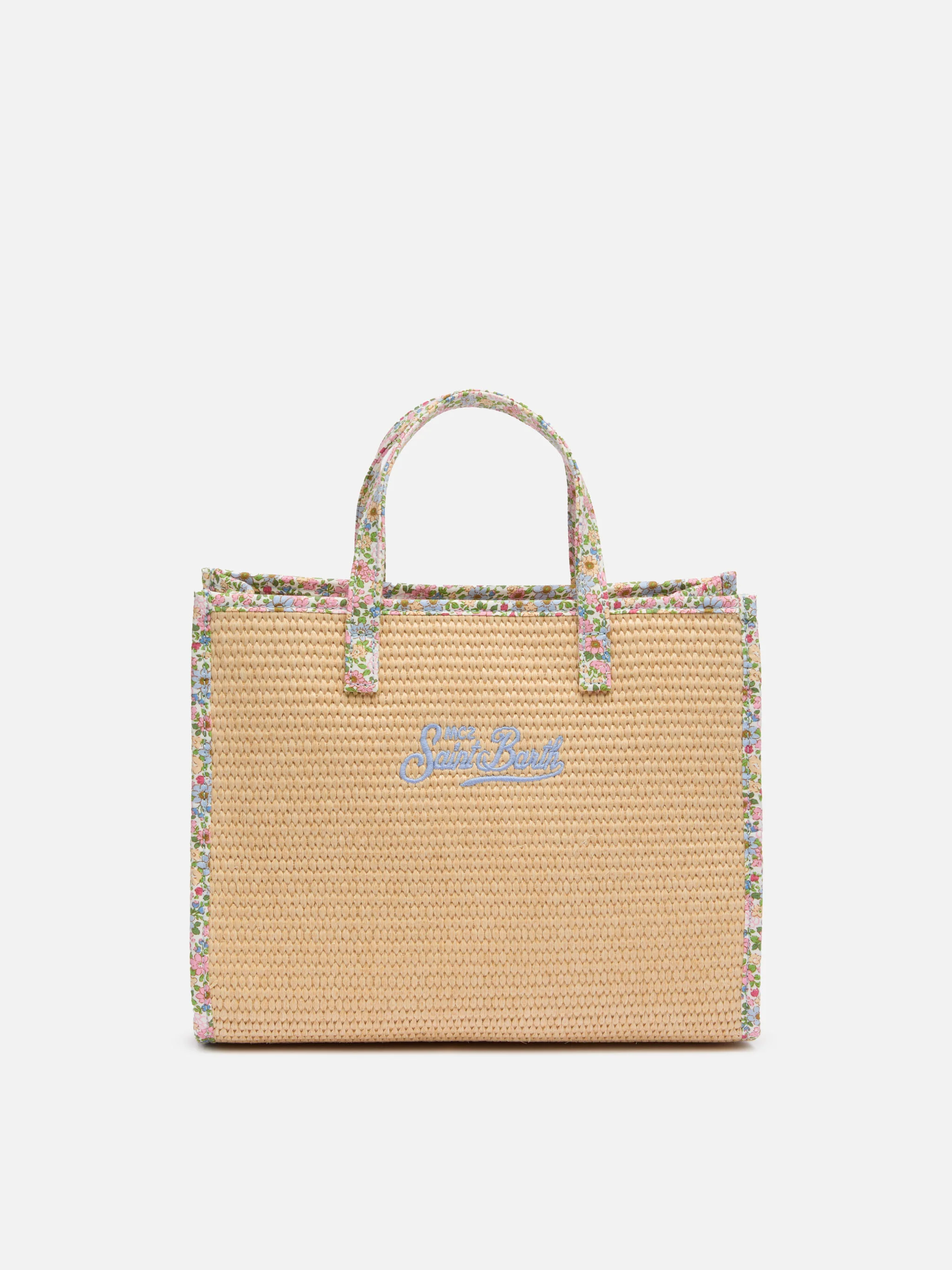 Vivian Midi handtas in beige stro-look met bloemendetails