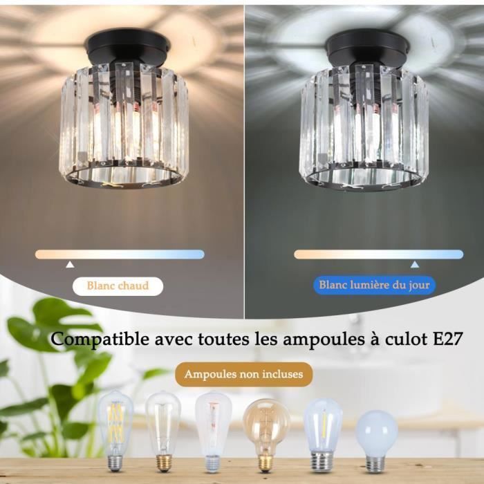 SAYOO Plafonnier en cristal moderne, Lustre plafonnier en cristal noir Abat-jour Cylindre Ø15cm, 1pcs pour couloir entrée cuisine
