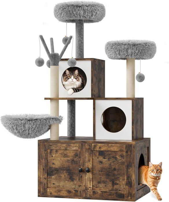Árvore para Gatos com Caixa de Areia, Unidade Sanitária de Madeira para Gatos com Torre, Arranhador, Poleiro e Plataformas - Marrom