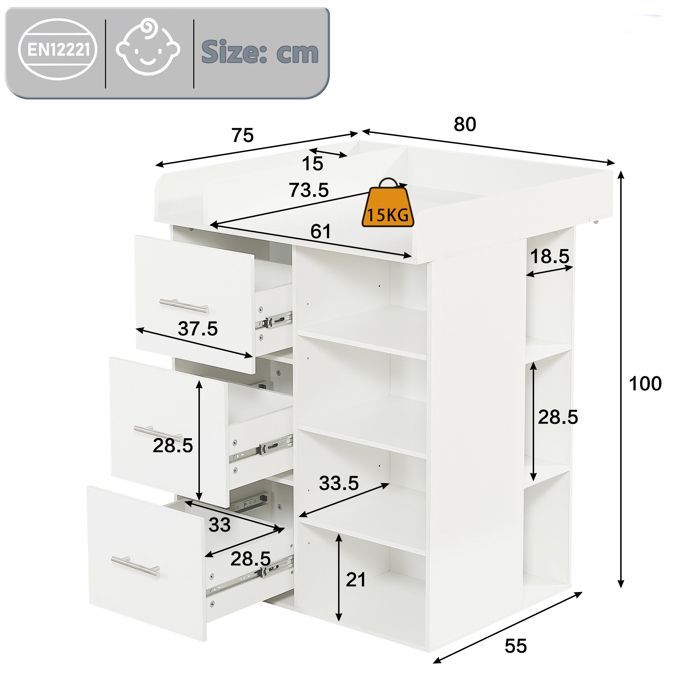 Commode à langer - Blanc pur - 3 tiroirs - Espace latéral - Étagères réglables - Espace à langer sécurisé