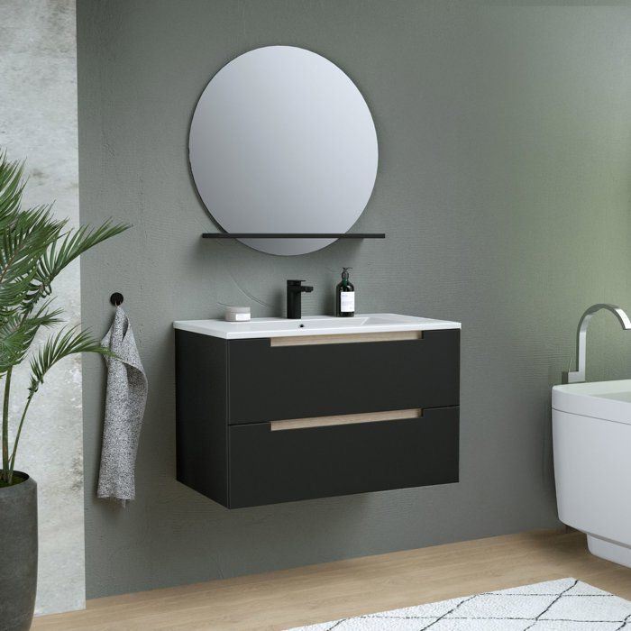 Mueble de baño con lavabo - Negro mate - 80 x 45 x 50 cm - Espejo - PRIZO
