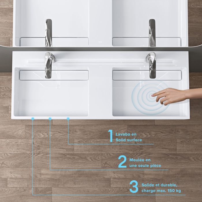 Lavabo doble suspendido Sogood, blanco, 120 cm, lavabo de encimera con desagüe, lavabo rectangular, 120 x 48 x 13 cm, Colossum12