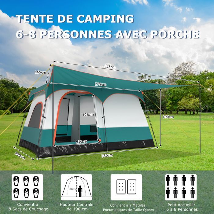 Tienda de campaña grande para 6-8 personas - COSTWAY - Toldo - 2 habitaciones, 2 puertas, 2 ventanas de malla, techo doble desmontable - Bolsa de transporte