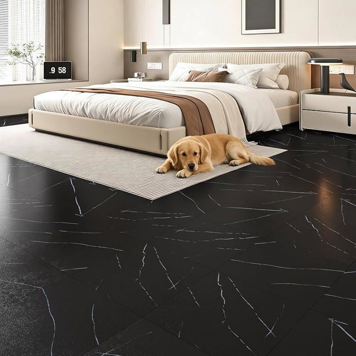 ReWallpaper Dalle PVC Adhesive Sol Effet Carrelage Imitation Marbre Noir 30cmx30cm Revetement De Sol Noir pour Salle De Bain Lino 3