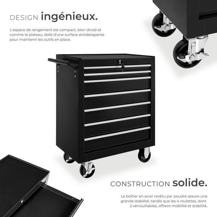 Carro de taller - TECTAKE - Carro de taller de acero con 7 cajones, 69 x 33 x 79 cm - Negro