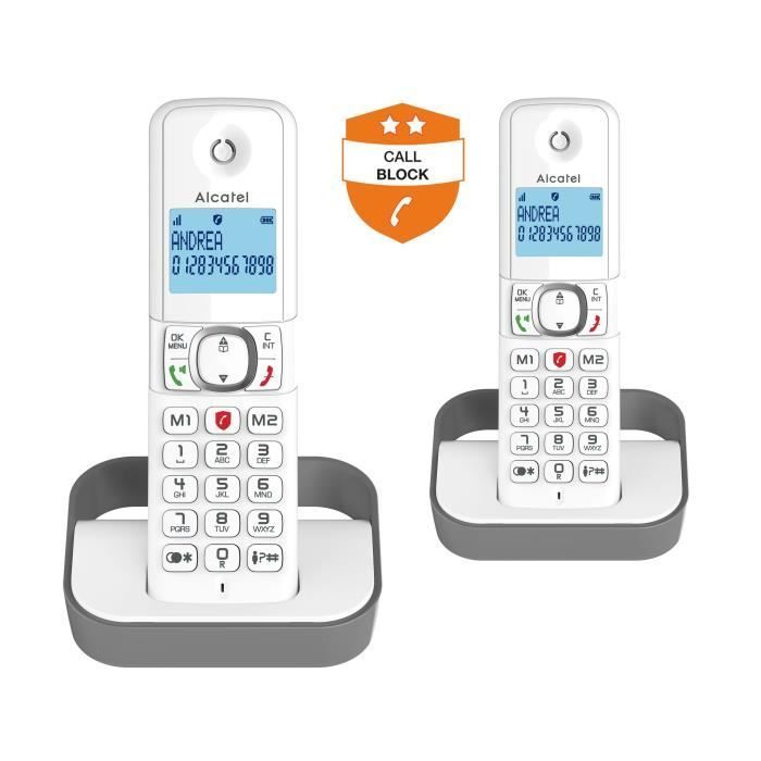 Paquete de teléfono inalámbrico Alcatel F 860 Duo con función de bloqueo de llamadas emergente, blanco/gris