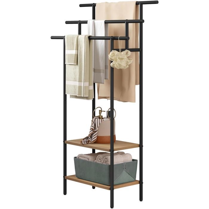 Meuble Salle de Bain EUGAD - Porte Serviette sur Pied 3 Niveaux - 68x28x117cm - Noir+Chêne Clair