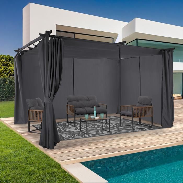IDMARKET Pergola édition limitée toit rétractable 3x4 M et 4 rideaux gris anthracite