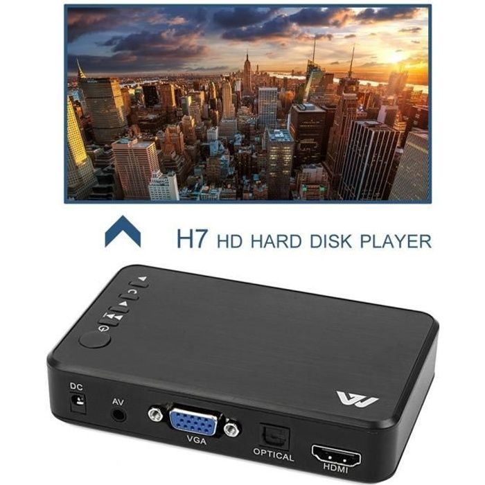 Reproductor multimedia Mini H7, Full HD 1080p, 3 salidas: USB, HDMI, VGA, AV, UE
