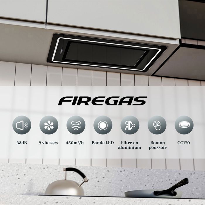 FIREGAS 52 cm inbouwafzuigkap - 450 m³/u afzuigcapaciteit - Efficiënt en stil - 9 snelheden - Zwart - Energieklasse A+