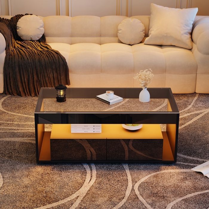 Mesa de centro con 2 cajones, espacio de almacenamiento e iluminación LED de 16 colores, tablero de cristal, estilo moderno, 100x50x40 cm, negro brillante.
