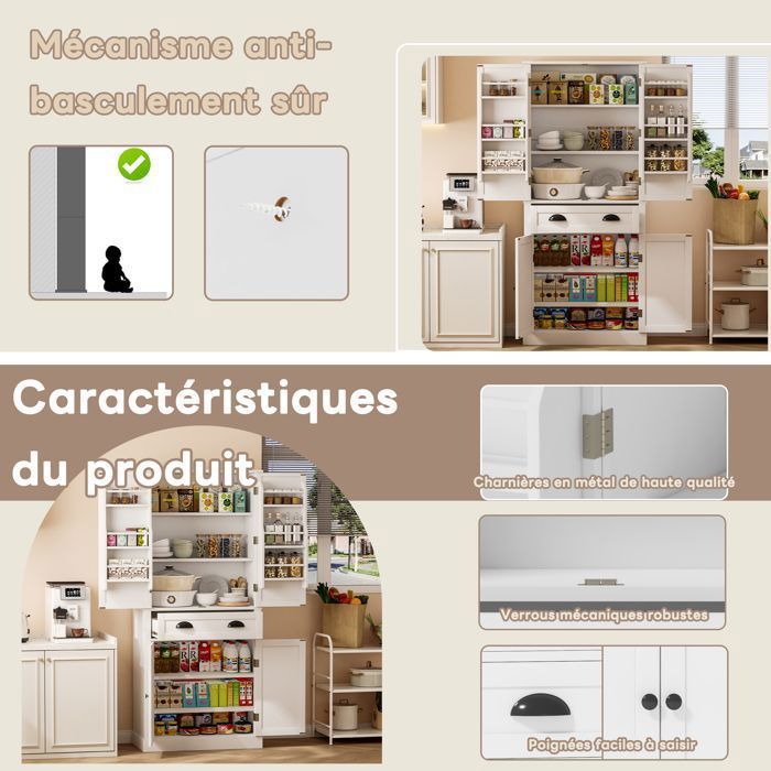 Kitchen Buffet, Tall Kitchen Cabinet, Dining Room, 4 Doors, Drawer, Adjustable Shelves, MDF, White, Rustic, 80x40x182cm