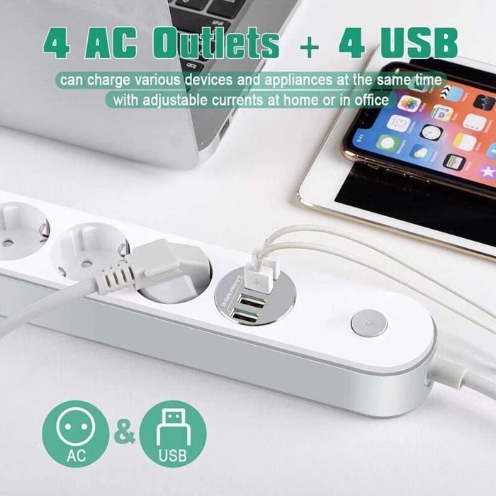 Multiprise USB Multiprise Parafoudre Parasurtenseur 4 Prises avec 4 Prises USB,Power Strip avec Interrupteur