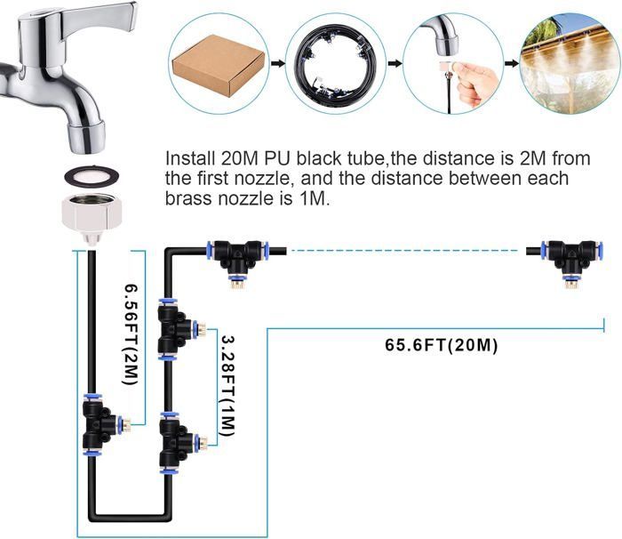 Kit d’Irrigation système de brumisateur extérieur 20m avec 23 Buses de Brume avec Joint en T, système de Refroidissement.[Q1141]