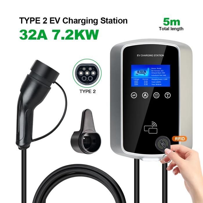 Estación de carga para vehículos eléctricos, corriente ajustable, 5 m de longitud, 7,2 kW, TIPO 2