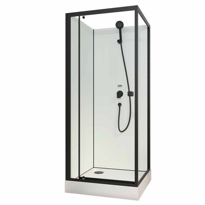 Mampara de ducha cuadrada de 80x80x200 cm - Puerta abatible - Panel trasero blanco y perfiles en negro mate