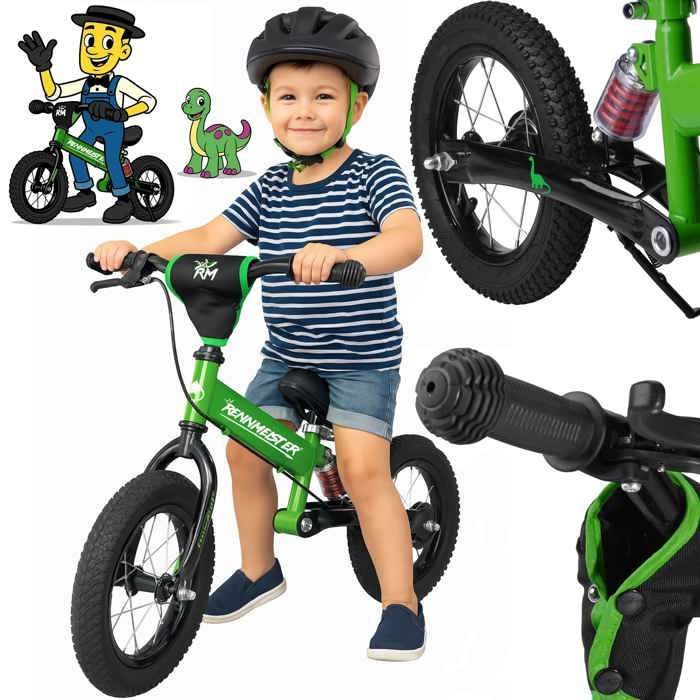 Donkergroene Rennmeister loopfiets voor kinderen, zonder pedalen, met vering, maximaal 50 kg, trommelremmen, schokabsorberende bekleding, zadel.