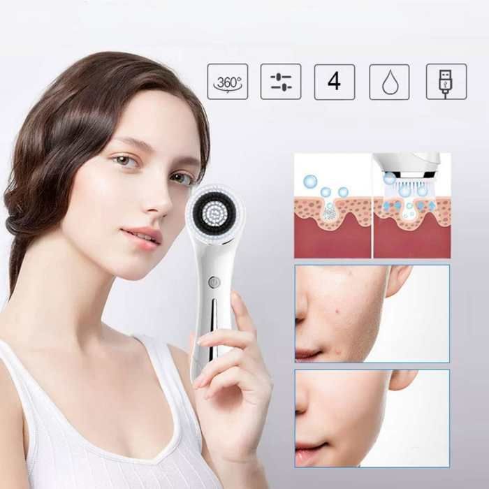 Brosse Nettoyante Visage Électrique 360° Rotation, Tête en Silicone, Importation Ionique Négative, EMS Appareil Beauté, Rechargeable