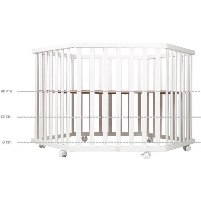 Parc hexagonal - ROBA - FOX & BUNNY - De la naissance jusqu'à 15 kg - Réglable - Roulettes - Blanc laqué