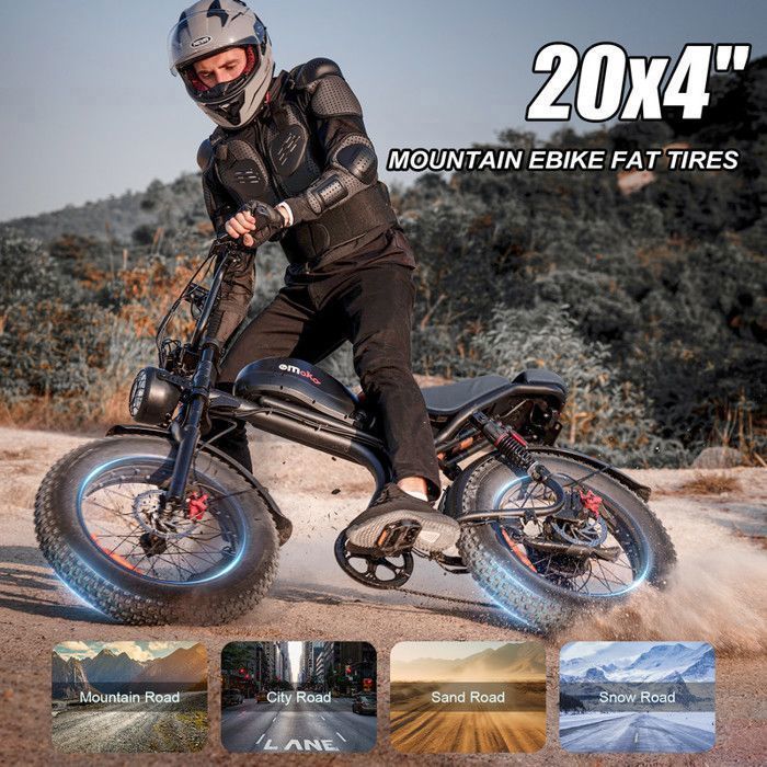 Bicicleta eléctrica Emoko C93, motor de 1000 W, batería de 20 Ah, ruedas de 20 pulgadas, velocidad máxima de 55 km/h, autonomía máxima de 75 km, asiento marrón.