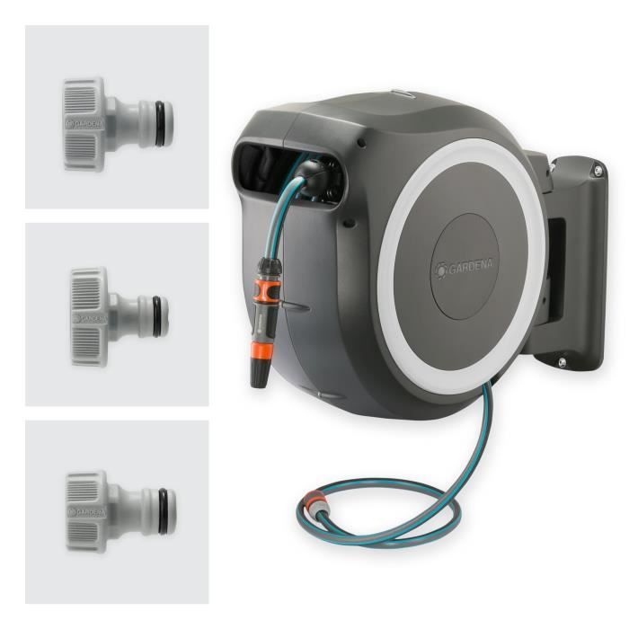 GARDENA RollUp® M/L wall-mounted automatic hose reel with white trim – Length 25m – Ø13mm – Complete kit – 5-year warranty (18622-20)