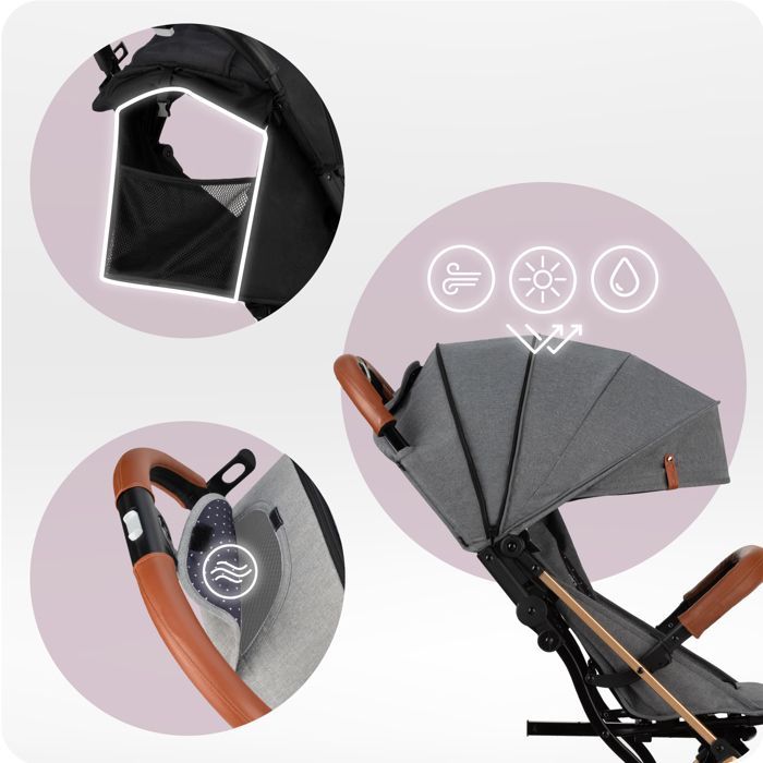 MoMi ESTELLE – Ultra Compact Baby Stroller – Lightweight 7.7 kg – One-Hand Fold – Suitcase Handlebar – Gold Grey