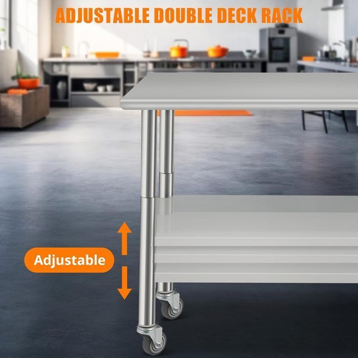 Table de Travail - INOX - 91x61x90cm - 2 Étagères - Roulettes - Réglable