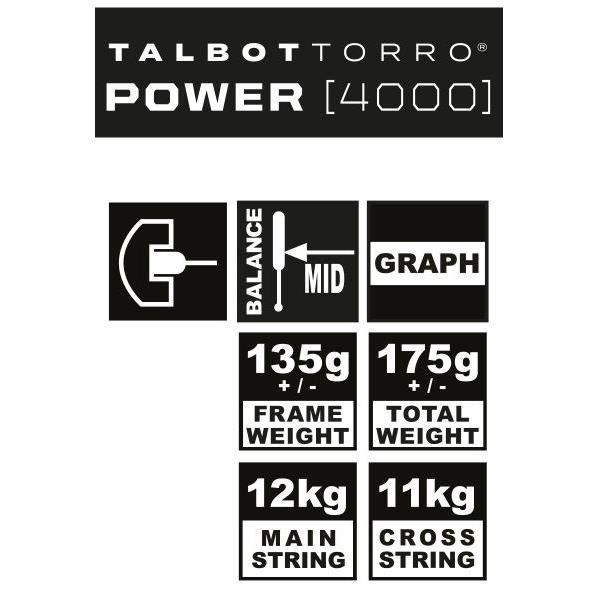 Raquette de squash - TALBOT TORRO - POWER 4000 - Profil en U - Cordage US 500 - Tête 480cm² - Cadre 18.2mm/135g - 175g