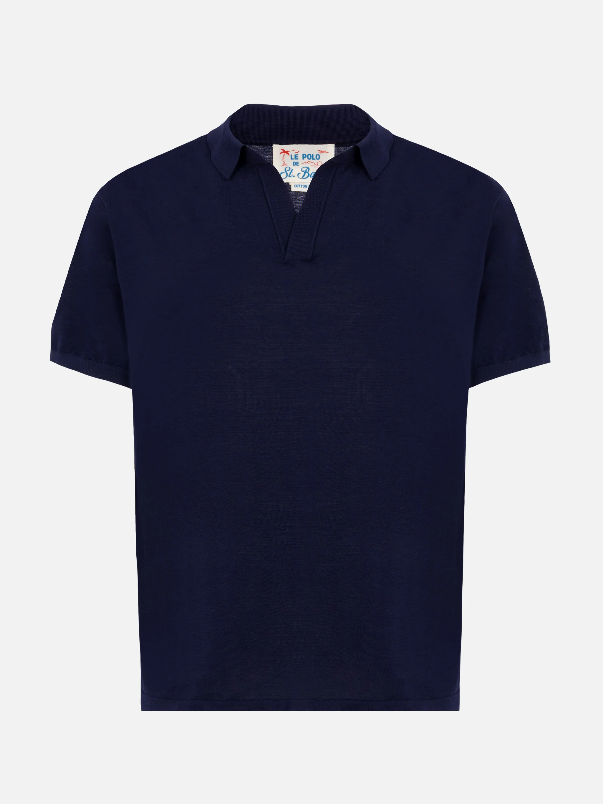 Sloan poloshirt in marineblauw, gebreid van zijde en katoen.
