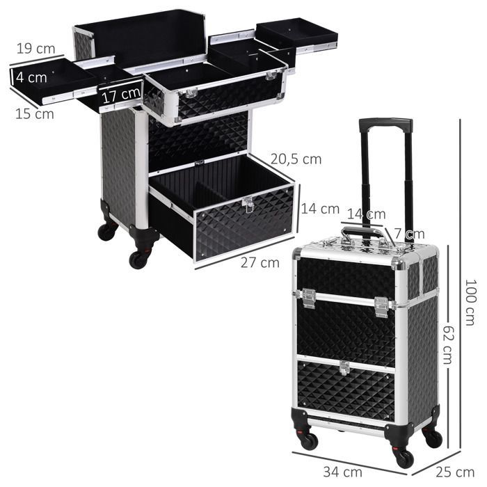 Maletín de maquillaje con ruedas - HOMCOM - neceser cosmético con asa telescópica ajustable - aluminio - 34x25x62cm - negro