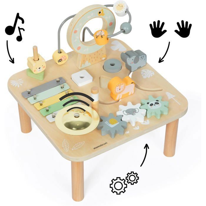 Table Multi Jeux Montessori- Table D'activités musicale éducative Bois, jeux sonores- éléments rotatifs +9 mois - Jeu de motricité