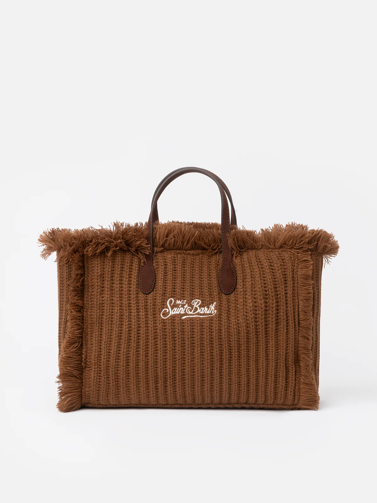 Colette Winterhandtas | Fluweel met franjes, bruin ribgebreid, Saint Barth-logo, afneembare schouderband | MC2 Saint Barth