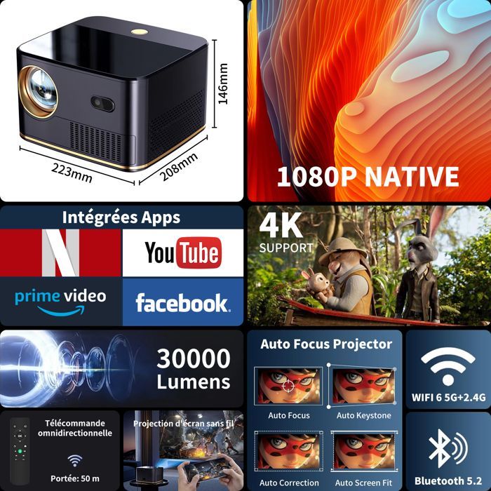 【Netflix integrado】Proyector 4K con enfoque automático y corrección trapezoidal, 30000 lúmenes, portátil, WiFi 6, Bluetooth 5.2, resolución 1080p FHD para iOS/Android