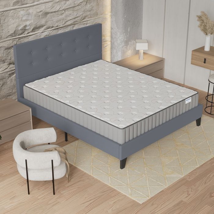 Colchón y cama (140x190cm) - Orionis de 16cm de espuma viscoelástica y espuma de alta densidad + base de láminas estable y cabecero tapizado en gris.