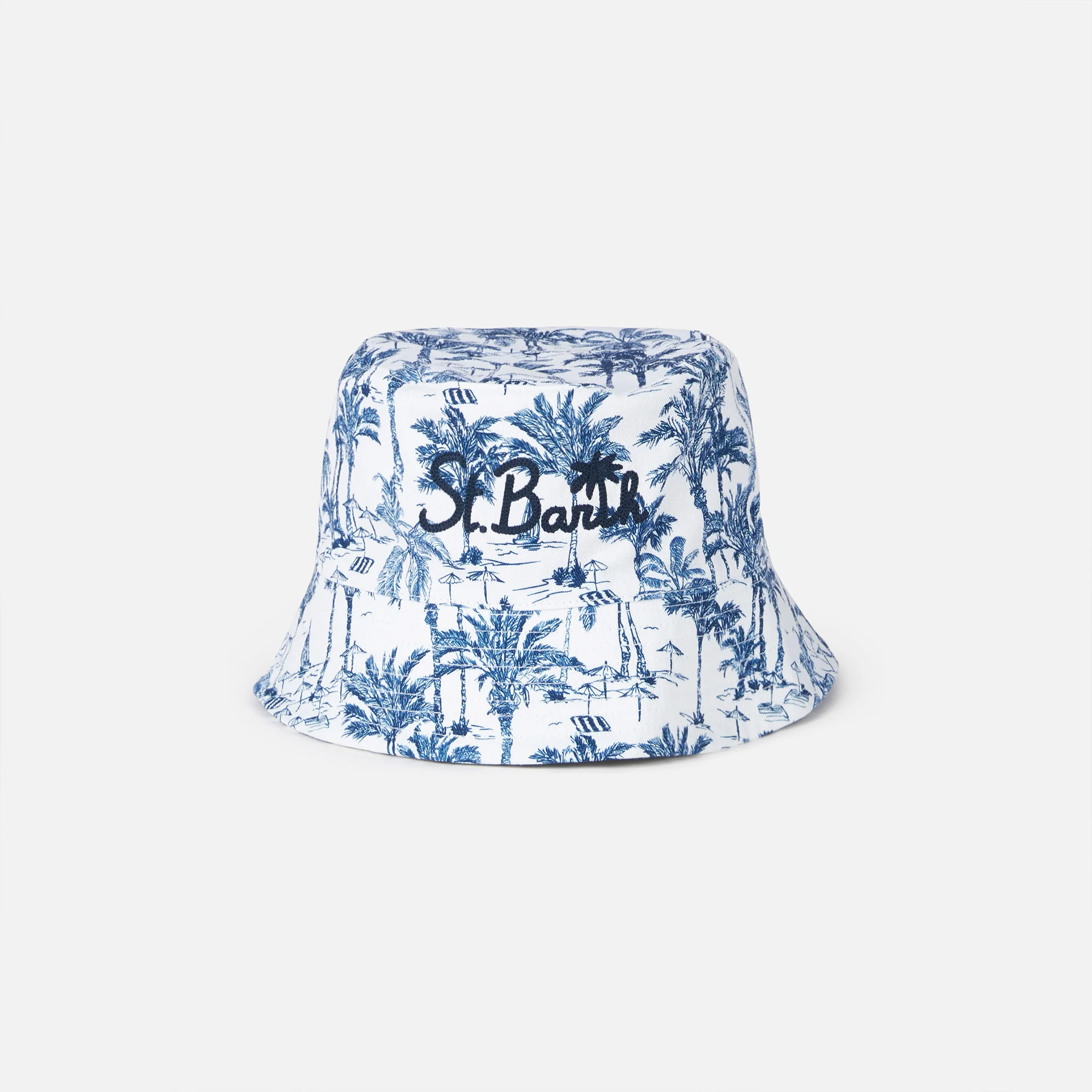Katoenen bucket hat | Blauw Toile de Jouy-patroon | Blauwe St. Barth-borduurwerk aan de voorkant | Eén maat | Saint Barth