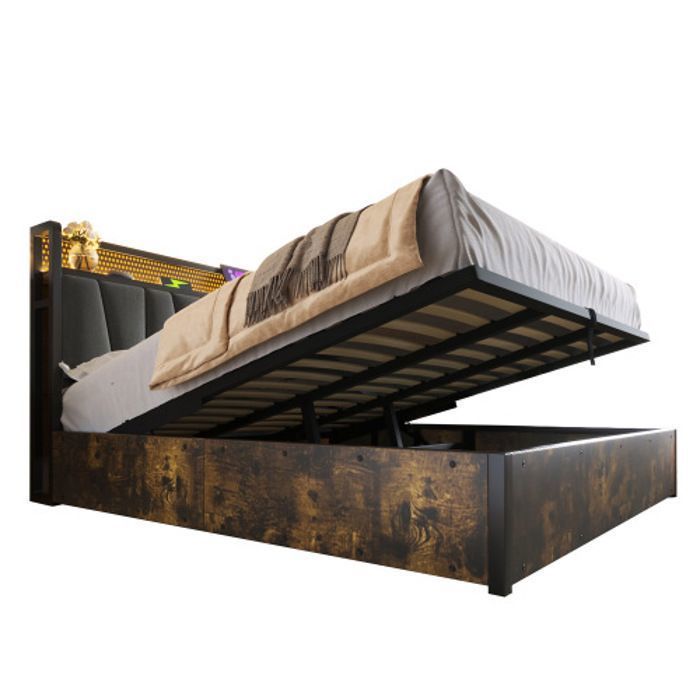 Letto matrimoniale 180x200 cm, letto contenitore - Testiera con porta USB - Illuminazione a LED - Grigio