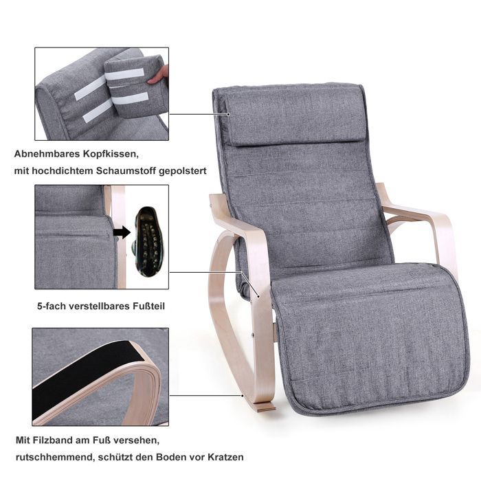 SONGMICS Fauteuil à Bascule, avec Accoudoirs en Bois, Repose-pieds Réglable en 5 Positions, Capacité 150 kg, Gris et Couleur Boisée