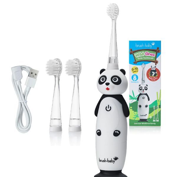 Gebruik de WildOnes Panda tandenborstel en appelmunt tandpasta om je baby te poetsen.