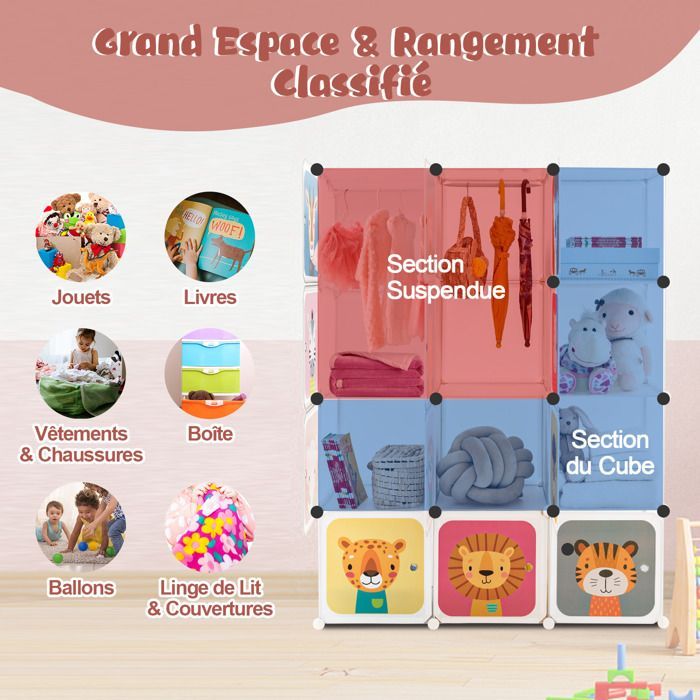 Armario infantil GOPLUS, estantería modular con 12 cubos, puertas, 2 barras para colgar ropa, para