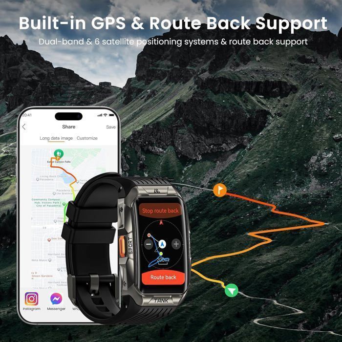 Relógio inteligente KOSPET Tank X2 Ultra para homens, GPS, resistência à água de 5 ATM, rastreador de atividades para Android, iOS, Samsung, Xiaomi e iPhone - Preto