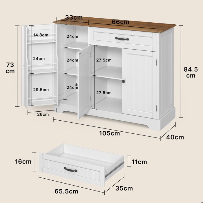 Buffet de Cuisine - Bealife - Meuble Rangement - 1 Tiroir - 3 Portes - 5 Niveaux - Meuble Bas - Salon - Marron - 105x40x84,5cm