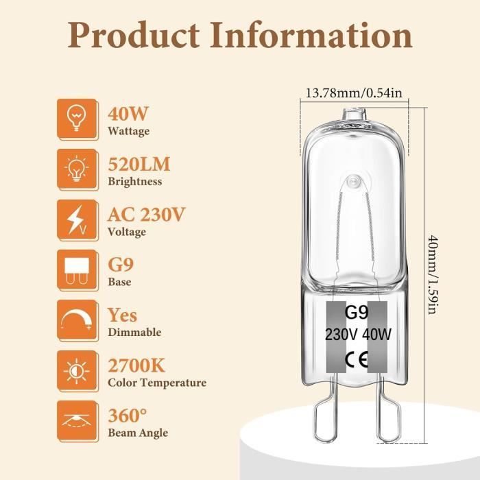 Bombilla halógena G9 para horno - Blanco cálido regulable 40W 230V 2700K 520LM - Resistente al calor hasta 300°C