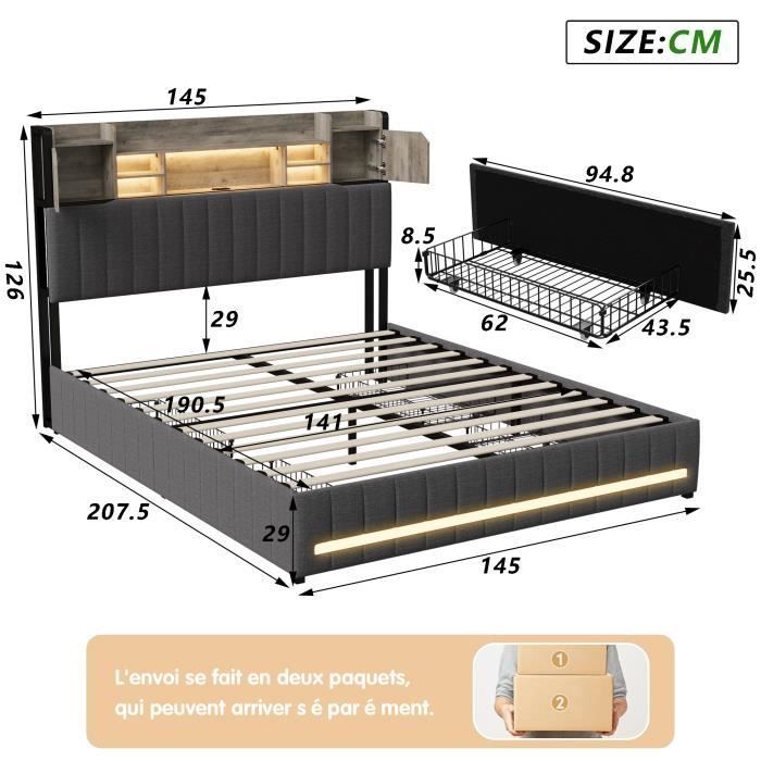Letto 140x190cm - PERGAR - Con 4 cassetti - Testiera con contenitore - Luci LED e USB - Lino grigio