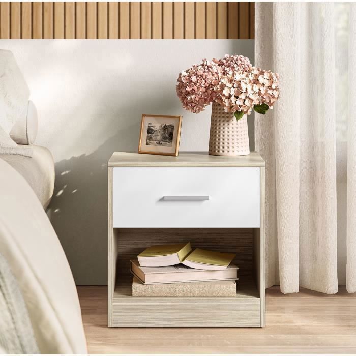 VASAGLE Table de Nuit, Lot de 2, Table d’Appoint, avec Tiroir, Poignée, Compartiment Ouvert, Table Basse, Beige Naturel et Blanc