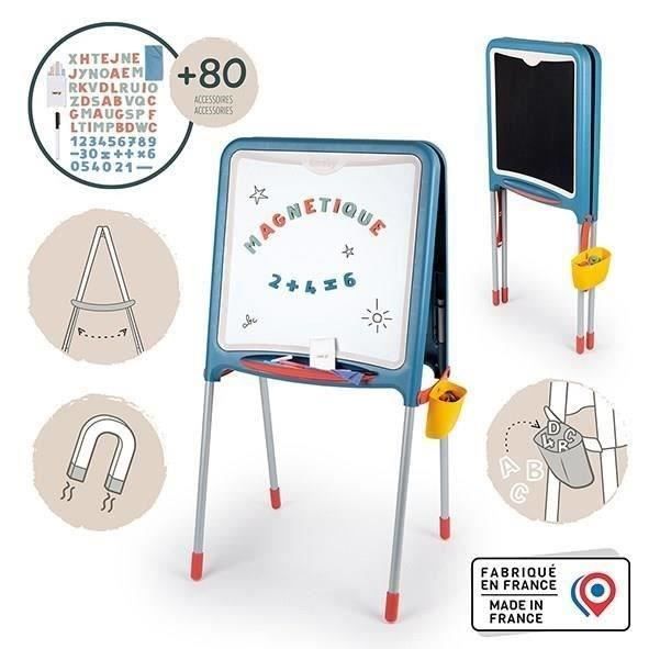 Smoby - Caballete de tubo - Pizarra magnética y de tiza de doble cara - Bandeja extraíble - 80 accesorios incluidos - Para mayores de 3 años